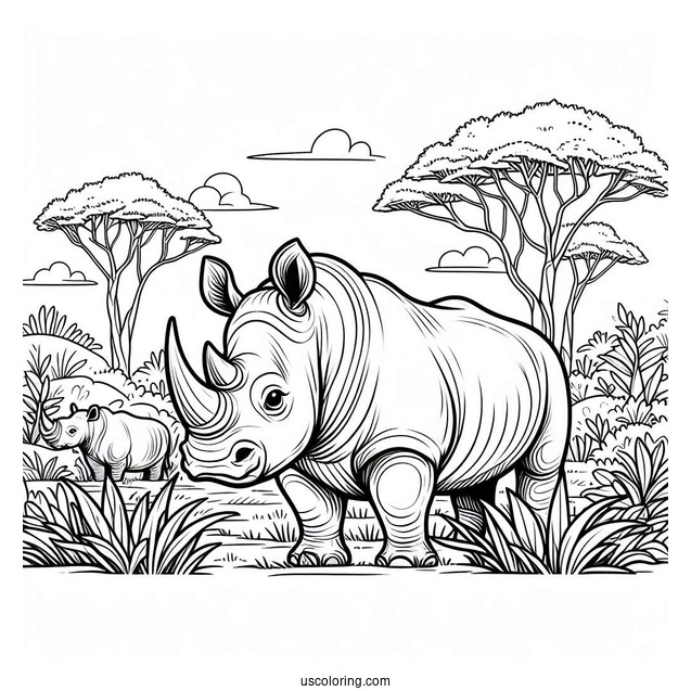 African Rhino In The Wild To Color