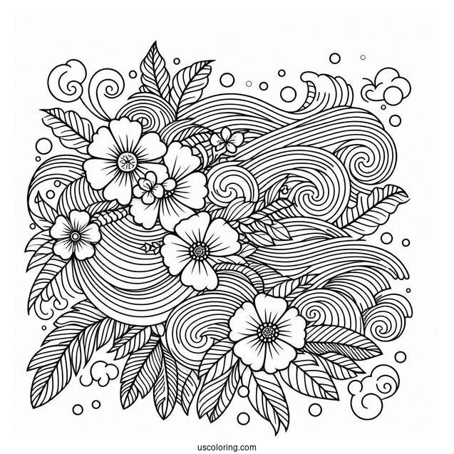 Waves And Flowers Pattern Coloring Page