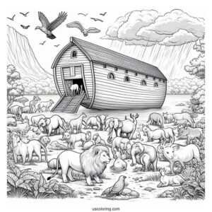 Noah's Ark Coloring Page Of Realistic Animals Outside The Ark After The Flood