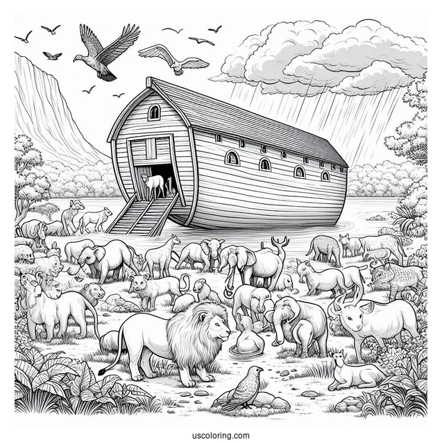 Noah's Ark Coloring Page Of Realistic Animals Outside The Ark After The Flood