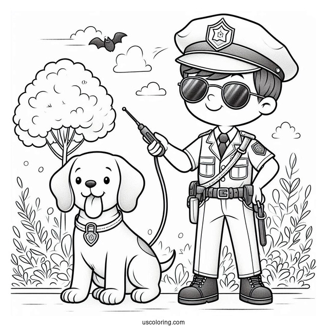 Police Man With Police Dog To Color