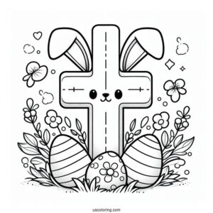 Easter Cross Coloring Page With Bunny Ears And Eggs For Preschoolers