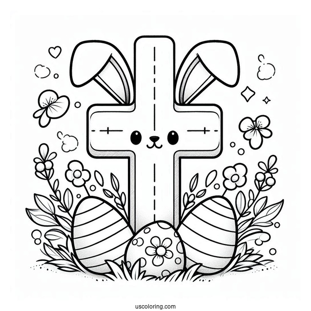 Easter Cross Coloring Page With Bunny Ears And Eggs For Preschoolers