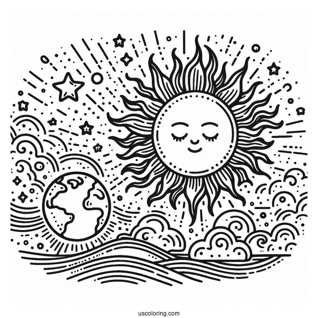 Earth And Sun In Space To Color