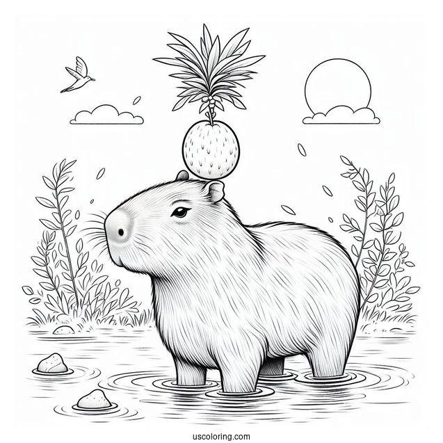 Capybara Coloring Page In The Water Balancing A Fruit On Its Head