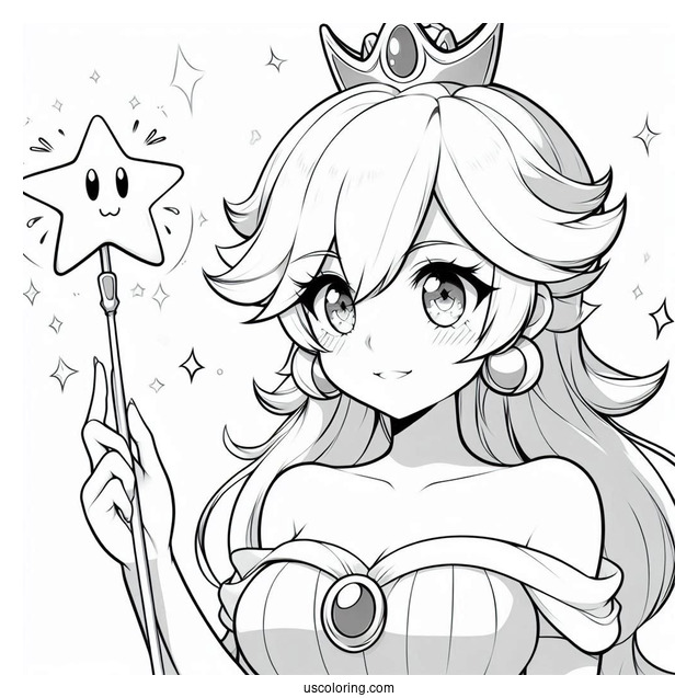 Anime Rosalina Coloring Page Holding Up Star Wand
