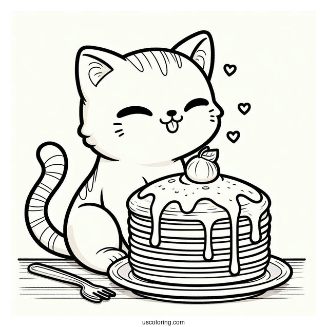 Cute Cat Drooling Over Pancake Coloring Page