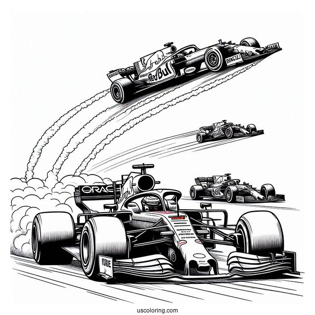 F1 Coloring Page Of Realistic Oracle Red Bull Racers With Contrails In The Air