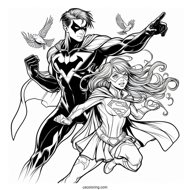 Nightwing And Supergirl Coloring Page Fighting Bad Guys