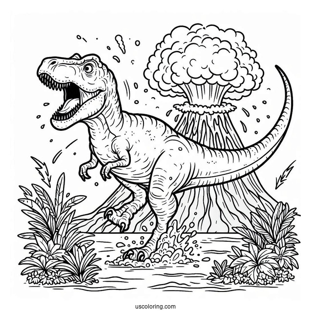 T-Rex Dinosaur Running From Volcano
