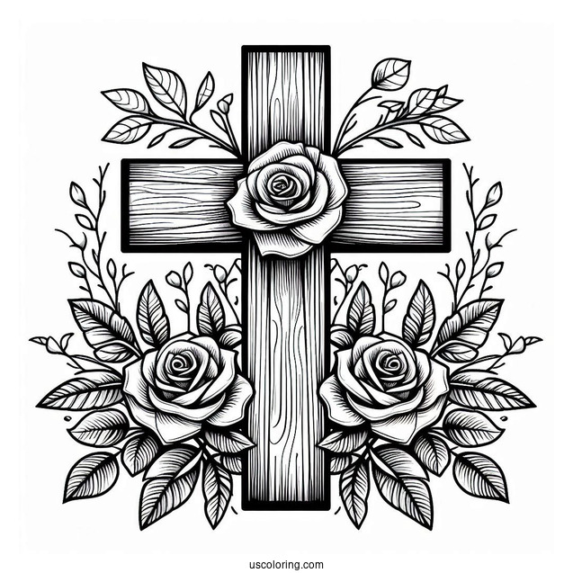 Wooden Cross With Roses To Color
