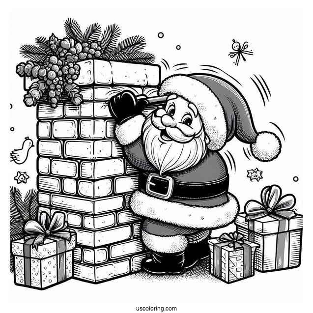 Santa Claus Squeezing Into Brick Chimney To Color