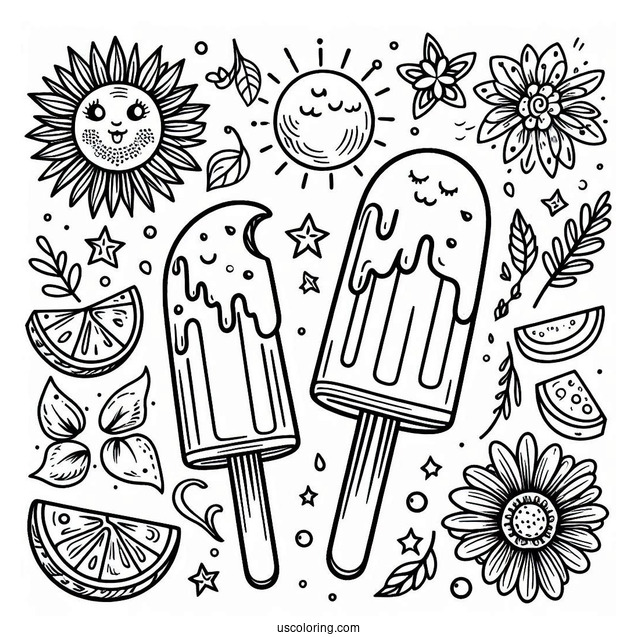 Two Popsicles Melting In The Summer Coloring Page For Kids