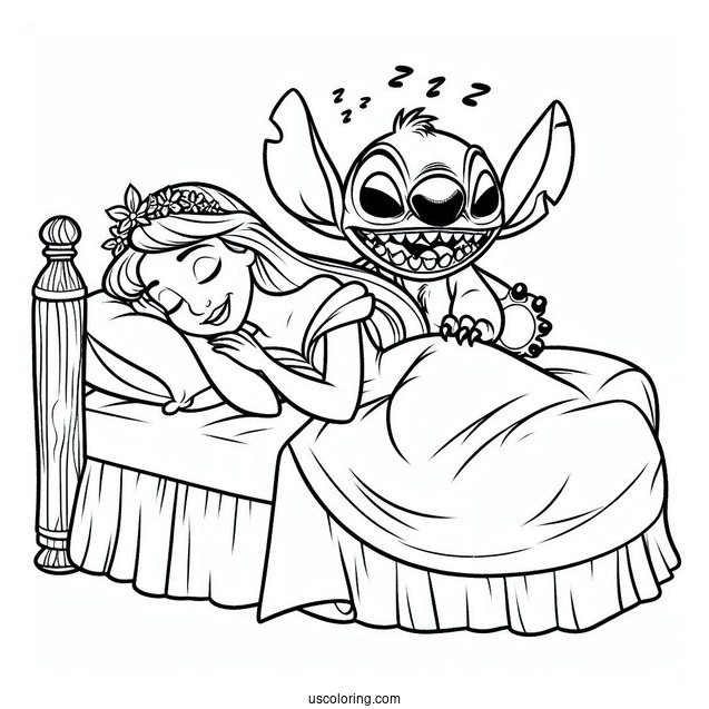 Sleeping Beauty Coloring Page Of Funny Stitch Scaring Princess Aurora