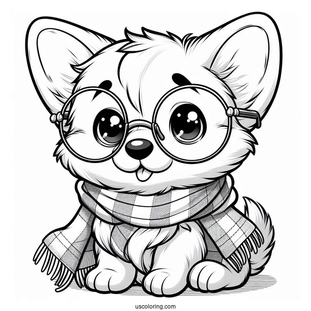 Cute Corgi Coloring Page With Scarf And Eyeglasses For Preschoolers