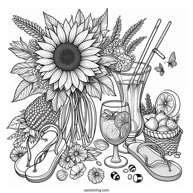 Summer Coloring Page Of Sunflower, Flip Flops, And Cocktails