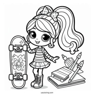 Easy Polly Pocket Coloring Page Holding Skateboard