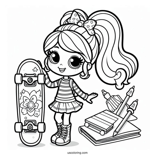 Easy Polly Pocket Coloring Page Holding Skateboard