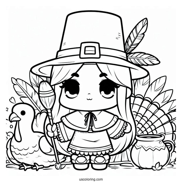Chibi Pilgrim Coloring Page With Native Americans And A Turkey