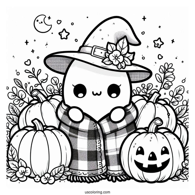 Pumpkin Coloring Page Kawaii Blanket Ghost With Witch Hat, Flowers, And Pumpkin