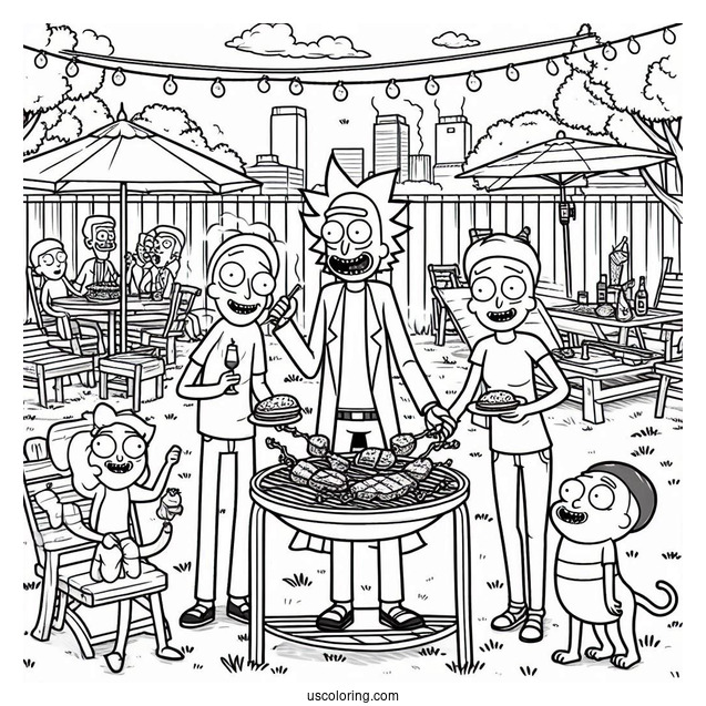 Rick and Morty Coloring Page Of Backyard Barbecue Party With Characters