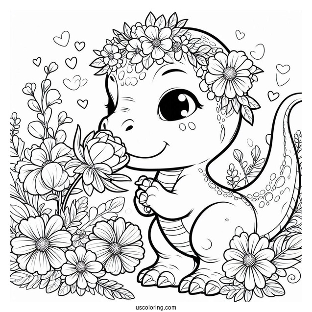 Baby T-Rex Smelling Flowers Coloring Sheet