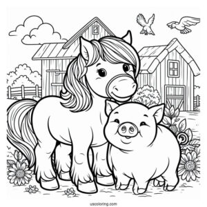 Big Farm Pig With Horse To Color