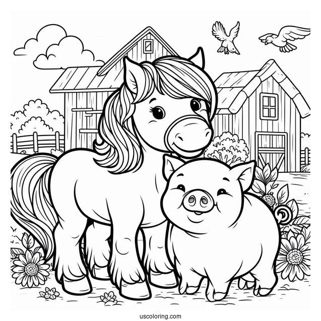 Big Farm Pig With Horse To Color
