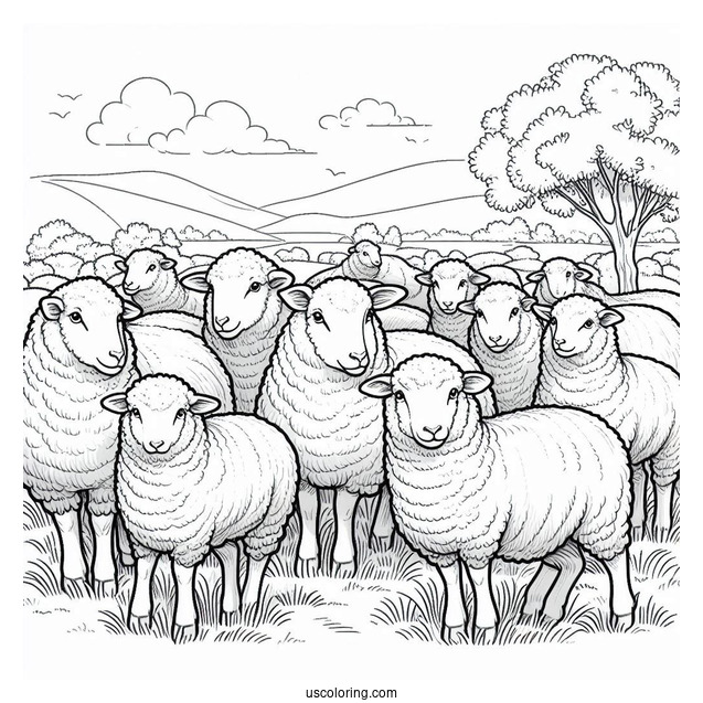 Flock Of Sheep Standing In Paddock Coloring