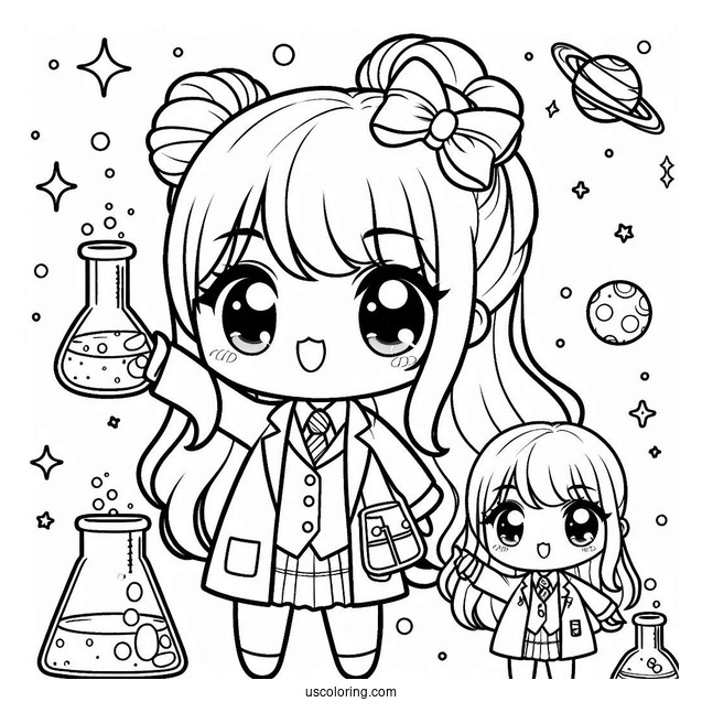 Science Coloring Page Of Kawaii Female Scientists Holding Volumetric Flasks