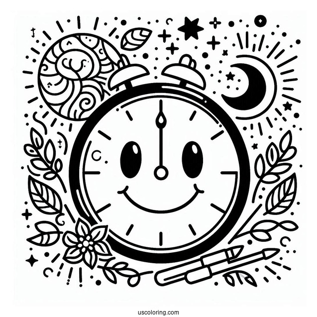 Smiley Face Clock Coloring Page
