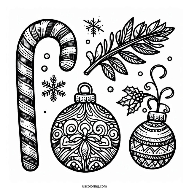 Candy Cane And Christmas Ornaments To Color