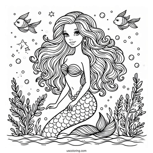 Mermaid Barbie Under Water To Color