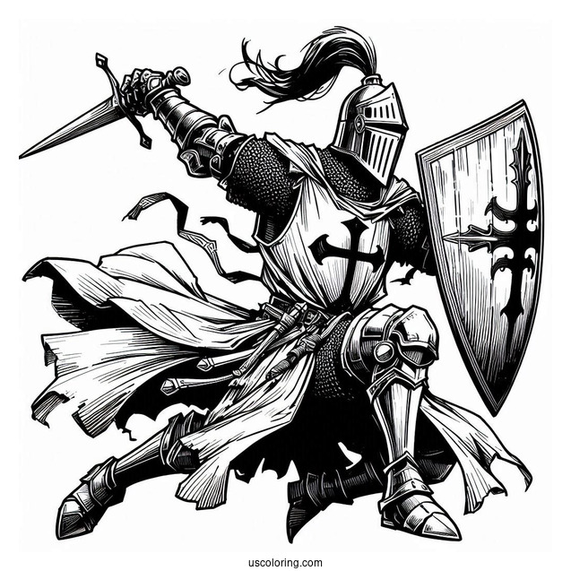 Crusader Knight Fighting Coloring In