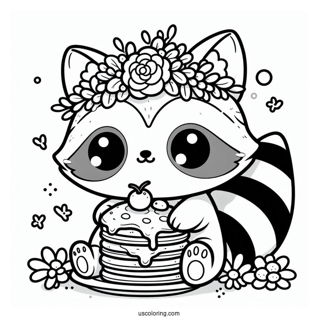 Kawaii Raccoon Coloring Page With Flower Crown And Pancake For Kids