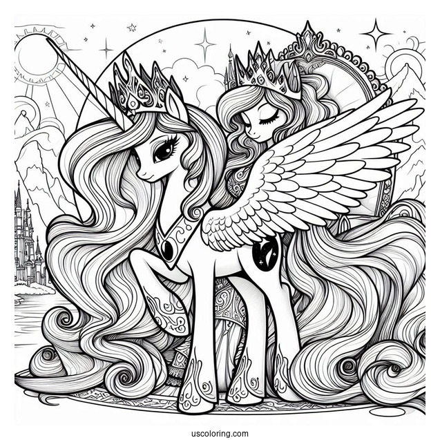 Detailed Princess Luna Coloring Page And Princess Celestia On The Throne