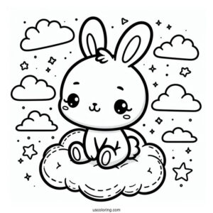 Kawaii Rabbit Coloring Page Sitting On The Clouds
