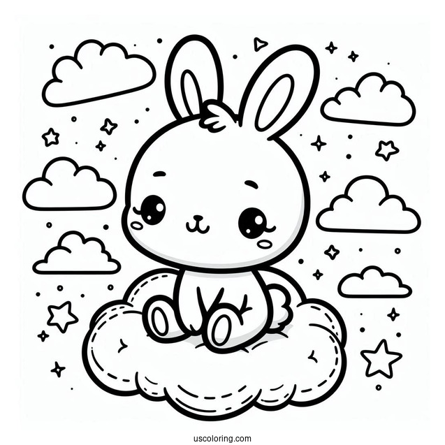 Kawaii Rabbit Coloring Page Sitting On The Clouds