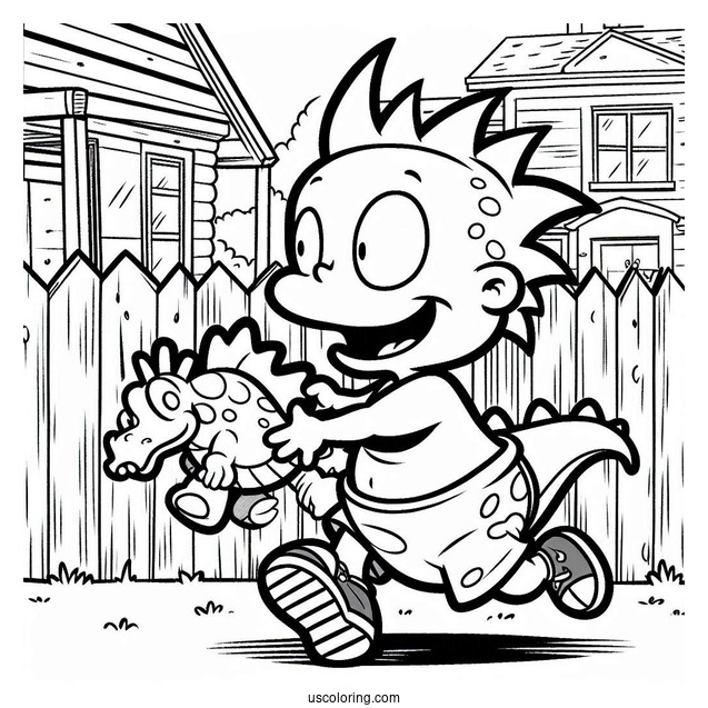 Rugrats Coloring Page Of Spike Running In Backyard With Toy Reptar