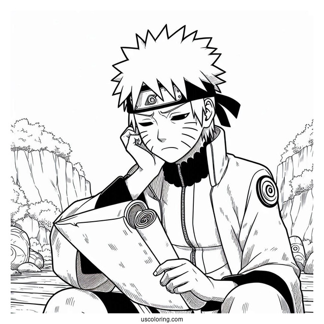 Tired Naruto Coloring Page Reading A Scroll For Adults