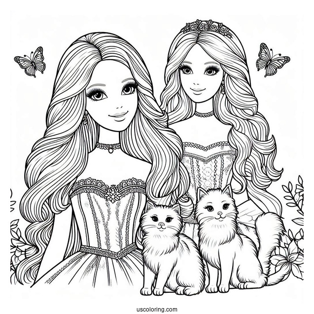 Princess Barbies With Cats Coloring Sheet