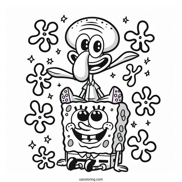 Detailed Squidward Coloring Page With SpongeBob And Patrick Star