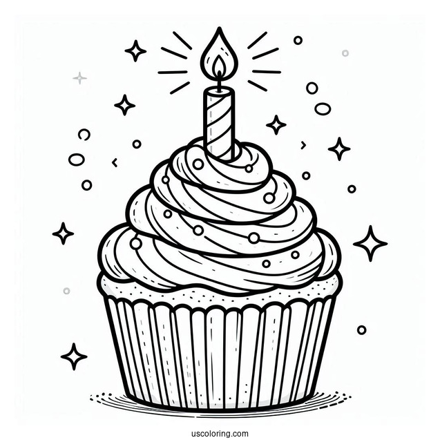 Cupcake With Birthday Candle To Color