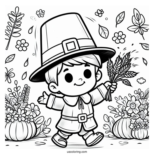 Happy Boy Pilgrim Coloring Page For Preschoolers