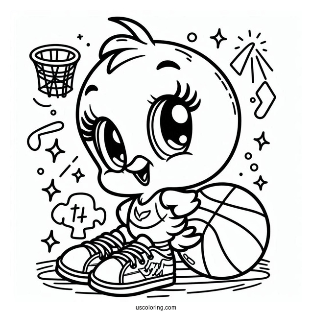Kawaii Tweety Bird With Basketball Coloring Sheet For Preschoolers