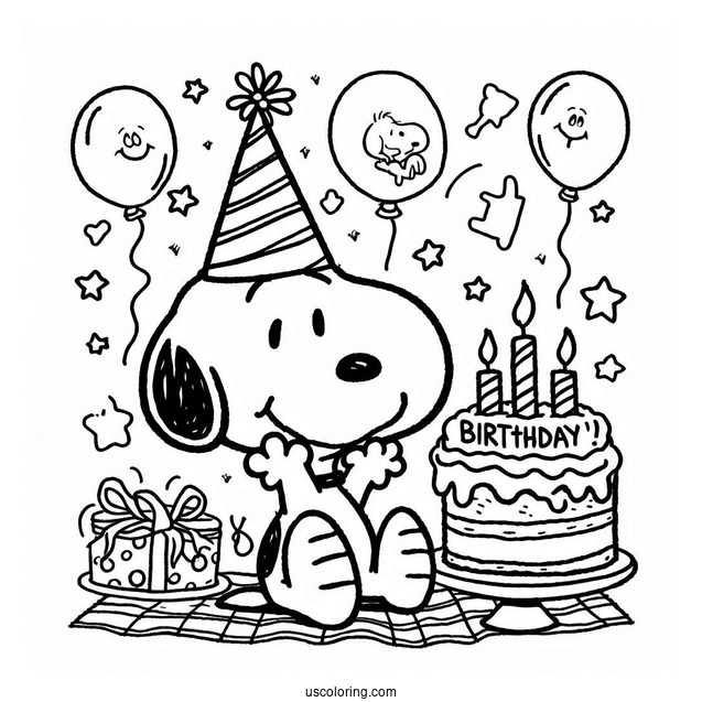 Snoopy With Happy Birthday Cake To Color