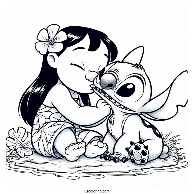 Lilo Kissing Stitch On The Check Coloring Page