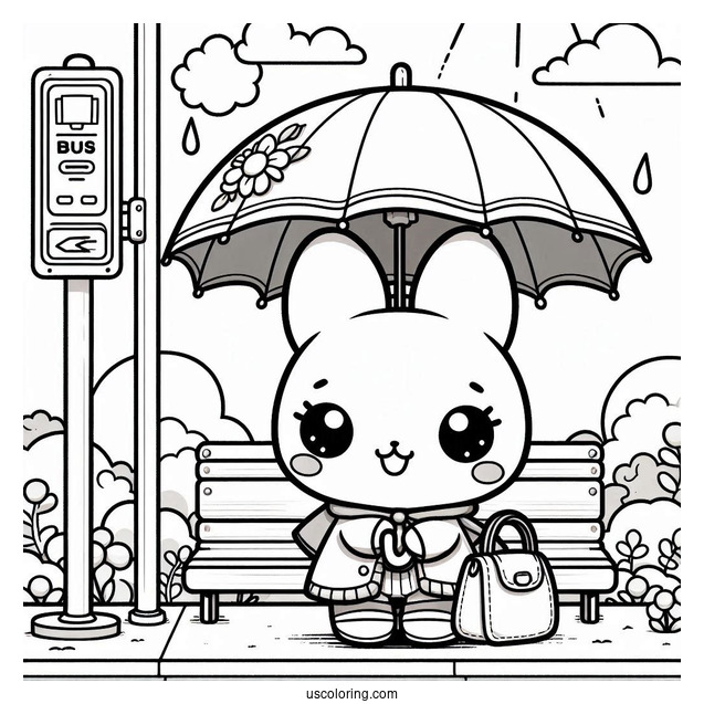 Pochacco Coloring Page Waiting At Bus Stop With Umbrella