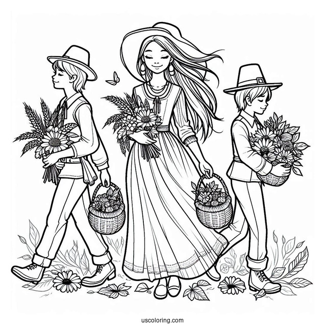 Girl Native American And Boy Pilgrim Coloring Page Carrying Harvest