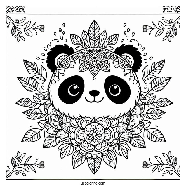 Floral Mandala with Panda Coloring Page Faces and Leaf Border Design For Adults